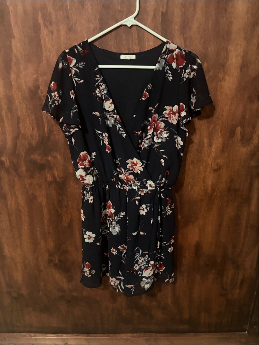 Maurices Black Floral Wrap Romper with Red & Cream Flowers